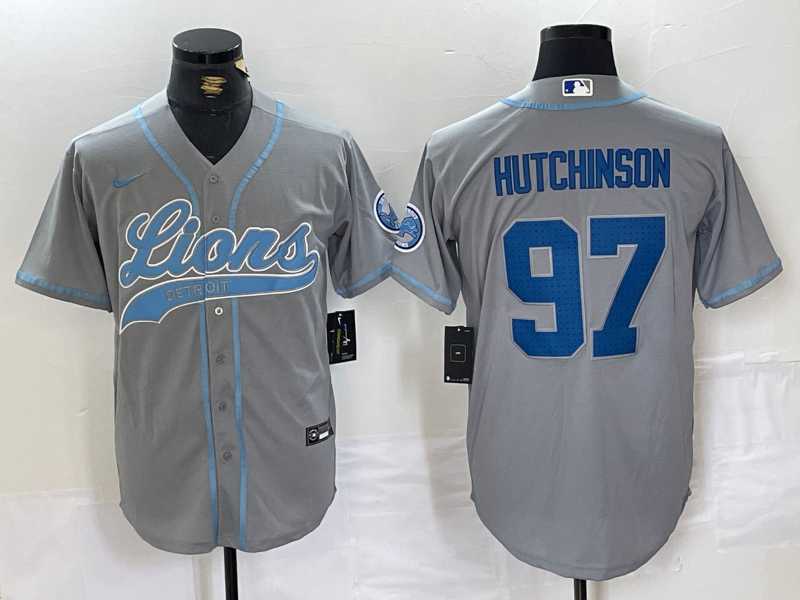 Mens Detroit Lions #97 Aidan Hutchinson Grey With Patch Cool Base Stitched Baseball Jersey